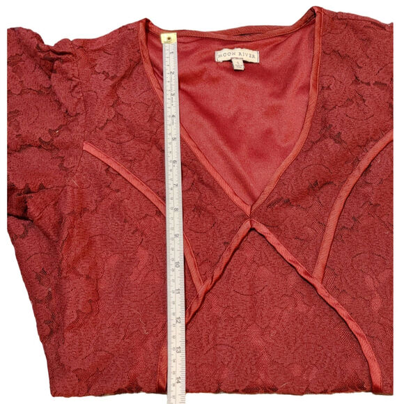 Moon River Flutter Sleeve Lace Floral Fit & Flare Dress V-Neck Burgundy Womens S - Picture 10 of 10